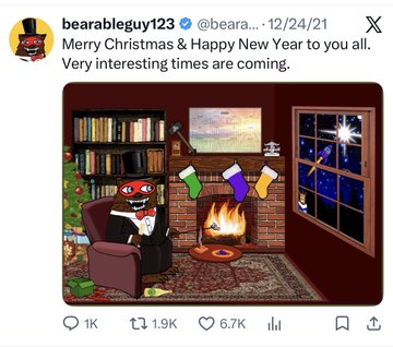 Tweet from @bearabeguy123 (dated 12/24/21) reading 'Merry Christmas & Happy New Year to you all. Very interesting times are coming,' featuring a Pepe the Frog illustration sitting by a fireplace with Christmas stockings.