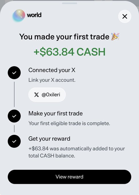 A mobile screenshot from world.xyz congratulating user @Oxileri for completing their first trade and receiving +$63.84 in CASH, with all three onboarding steps (X connection, first trade, reward) marked complete. The image visually supports the post's instructions about making a prediction on the Phantom mobile app while logged into world.xyz to earn rewards.