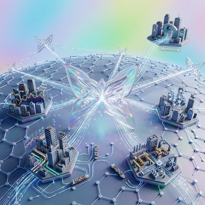 Futuristic 3D illustration showing a glowing butterfly-shaped digital entity connected by light beams to miniature cityscapes on a hexagonal grid, with a 'Monitoring' label and eye icon.
