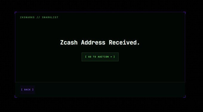 A retro cyberpunk-style terminal interface displays the text "ZKSNARKS // ZSWARKLIST" in the top corner, with a central confirmation reading "Zcash Address Received." above a "[ GO TO AUCTION ]" button, capturing the nostalgic excitement of receiving a ZEC address allocation in the classic hacker aesthetic.