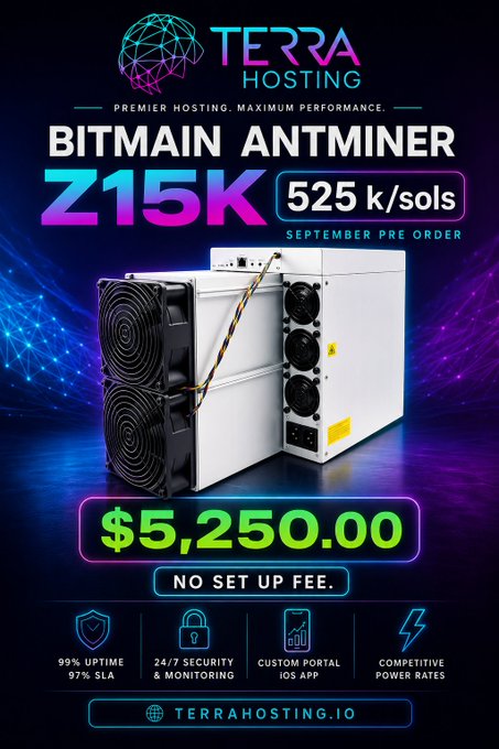 A TerraHosting advertisement for the Bitmain Antminer Z15K cryptocurrency mining rig at 525 k/sols, priced at $5,250.00, available for September pre-order.