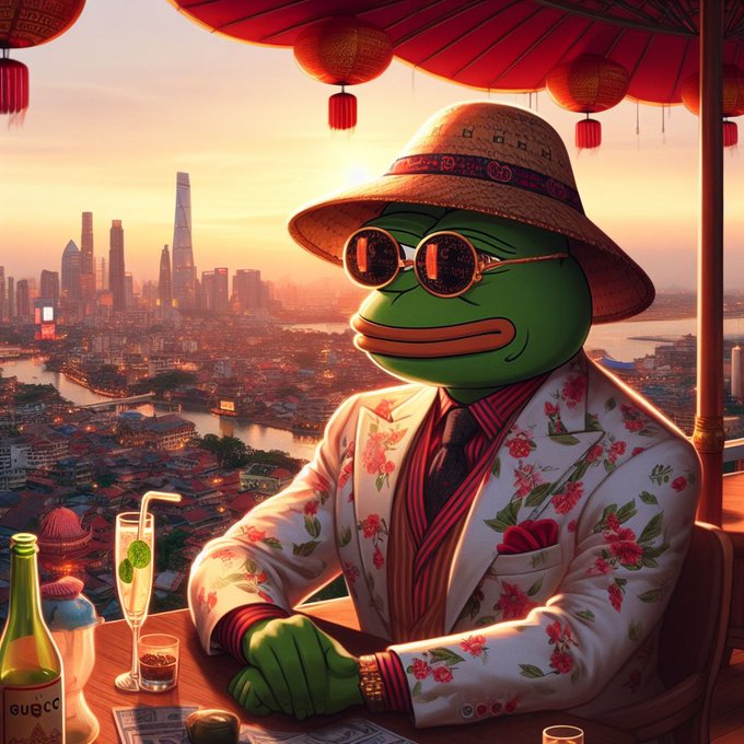 An anthropomorphic Pepe the Frog in a floral suit and straw hat sits at a high-rise lounge overlooking a sprawling city skyline at sunset, with a cocktail, green bottle, and currency on the table. The image reinforces the post's message to "Buy MORE PEPE WHILE ITS STILL CHEAP $PEPE" by portraying Pepe as a wealthy, sophisticated investor enjoying the rewards of his holdings.