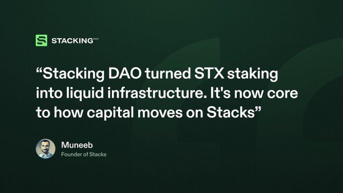 A promotional graphic for Stacking DAO featuring a quote from Muneeb, Founder of Stacks: "Stacking DAO turned STX staking into liquid infrastructure. It's now core to how capital moves on Stacks."