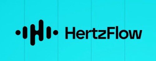 A logo for 'HertzFlow' featuring a black waveform or sound wave icon on a teal background.