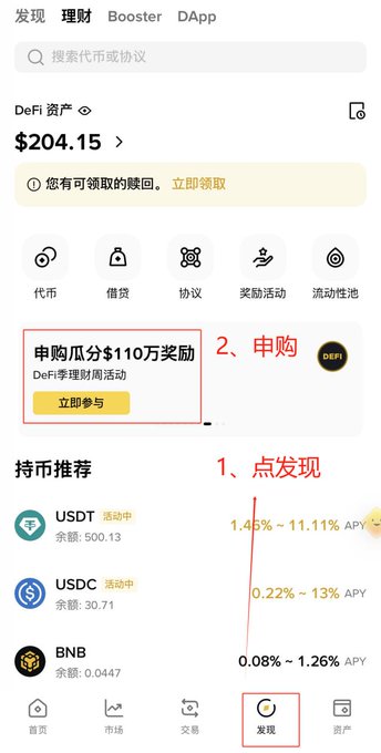 This image shows the Binance DeFi wallet interface, displaying a $1.1 million reward promotion for DeFi wealth management activities, relating to the post about financial management with USDT and USD1 subscriptions.