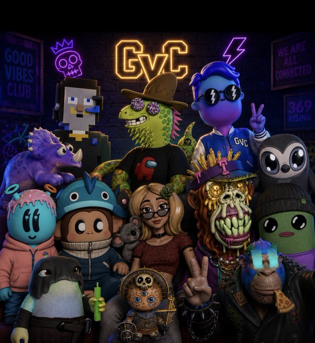 A vibrant group of NFT-style cartoon characters poses together under a neon 'GvG' sign, with wall art reading 'GOOD VIBES CLUB' and 'WE ARE ALL CONNECTED', alongside a '369 RISING' sign.