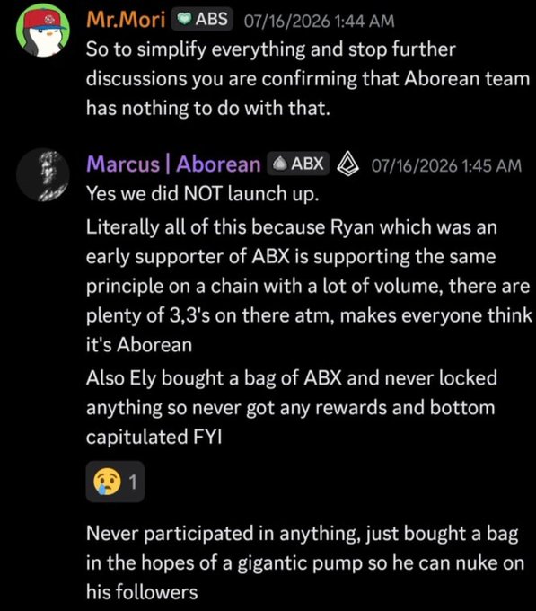 A Discord screenshot shows Mr.Mori (ABS) asking if the Aborean team is involved, and Marcus (ABX/Aborean) confirming they did not launch, blaming Ryan, an early ABX supporter, and criticizing Ely (ProofOfEly) for buying ABX without locking rewards and allegedly planning to "nuke on his followers." The accompanying post criticizes this Aborean team member for shaming Ely despite his long holding time, while pointing out that PhanGu locked hundreds of thousands of ABX for only "pennies" in rewards.