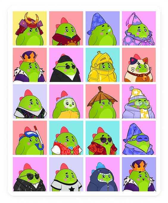 A grid of 20 cartoon green blob-like characters in various costumes and accessories, resembling NFT collectibles.