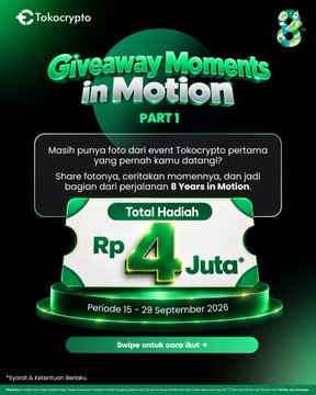 This is an advertisement for a Tokocrypto giveaway event titled "Giveaway Moments in Motion Part 1," running from September 15-29, 2026, with a total prize pool of Rp 4 Juta. The accompanying message encourages Tokonauts who have attended past Tokocrypto events to upload photos to participate.