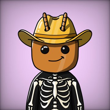 A cartoon-style illustration of a round, orange character wearing a yellow cowboy hat with horns and a black skeleton outfit against a purple background.
