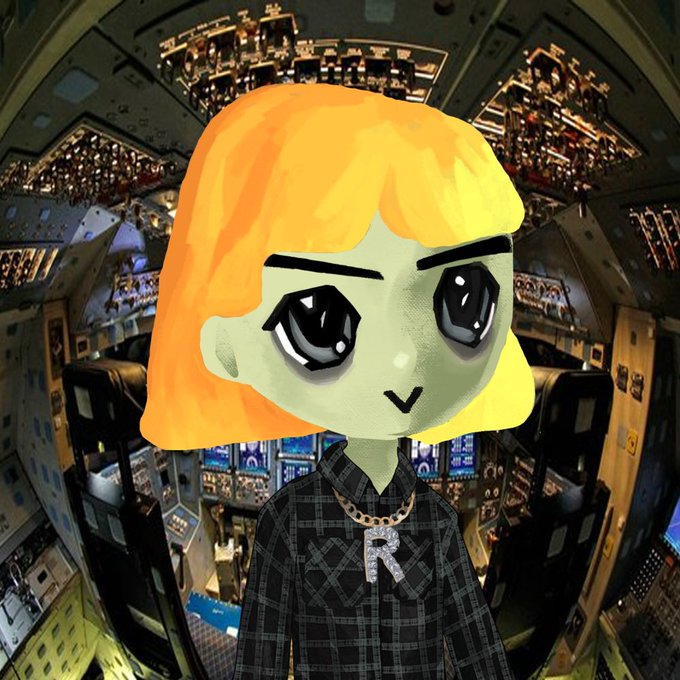 An avatar with orange hair, big black eyes, and a chain with a diamond "R" pendant stands in front of a fisheye view of an airplane cockpit, matching the caption's reference to "@atlasrstonks" (Atlas) and the "$atlas" ticker. The image visually represents the poster's persona in a GM (good morning) greeting to their crypto community.