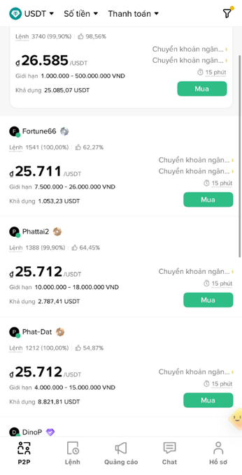 A Vietnamese cryptocurrency P2P trading interface shows USDT buy offers from sellers including Fortune66, Phattai2, and Phat-Dat, with prices ranging from 25,711 to 25,712 USDT per 1,000,000 VND.