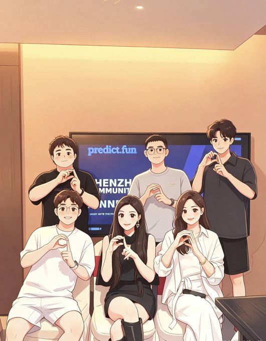 An anime-style illustration shows six people posing with heart hand gestures in front of a TV displaying 'predict.fun' and 'SHENZHEN COMMUNITY'.