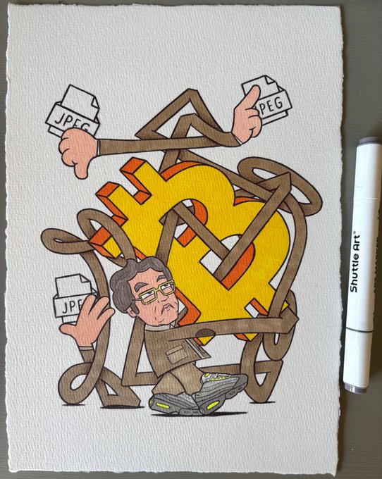 A hand-drawn illustration on watercolor paper showing a man entangled in document folders labeled 'JPEG' and 'PEG' around a large Bitcoin symbol, with a Shuttle Art marker visible beside it.