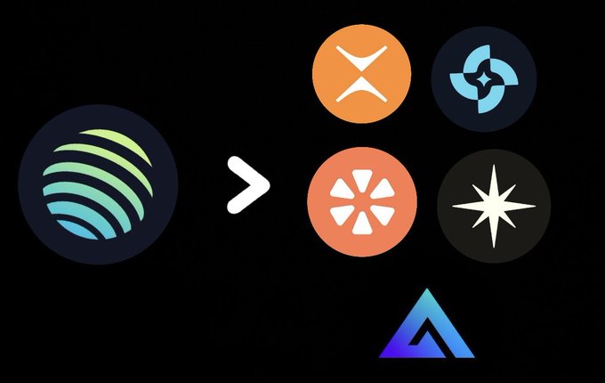 A graphic showing various cryptocurrency logos, including a green and blue globe design, an orange 'X', a peach hexagon, a teal symbol, a star, and a blue triangle, with a greater-than sign between them on a black background.