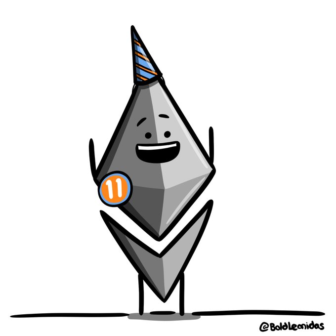 A cartoon character representing the Ethereum logo celebrates with a birthday party hat and an orange badge displaying "11," marking Ethereum's 11th birthday in a cheerful illustration signed by @BoldLeonidas.