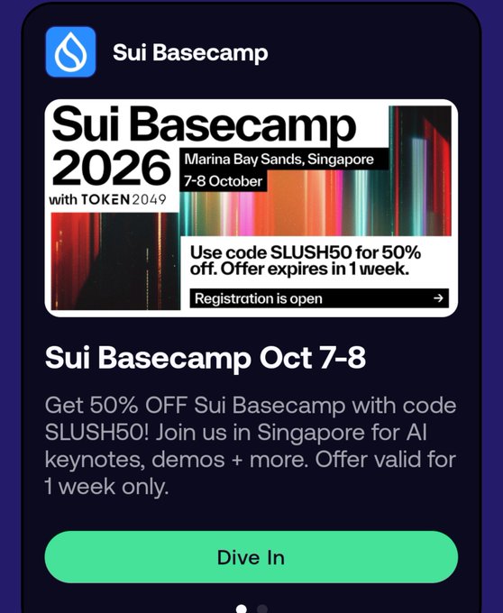 A promotional advertisement for Sui Basecamp 2026 with TOKEN2049, held October 7-8 at Marina Bay Sands, Singapore, offering 50% off with code SLUSH50 valid for one week.