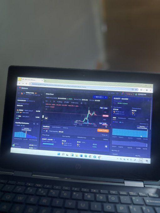 An HP laptop displaying multiple cryptocurrency price charts and quote panels on what appears to be a financial analytics website.
