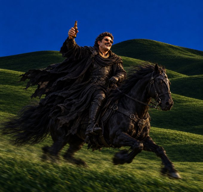 A cinematic image of a man in dark robes and armor riding a black horse across green hills while holding up a bottle, resembling a Windows XP 'Bliss' wallpaper parody.