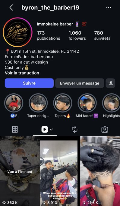 An Instagram profile screenshot for 'byron_the_barber19' showing 1,060 followers, located at 601 N 15th St, Immokalee, FL, advertising haircuts for $30 cash with highlights from various barber videos.