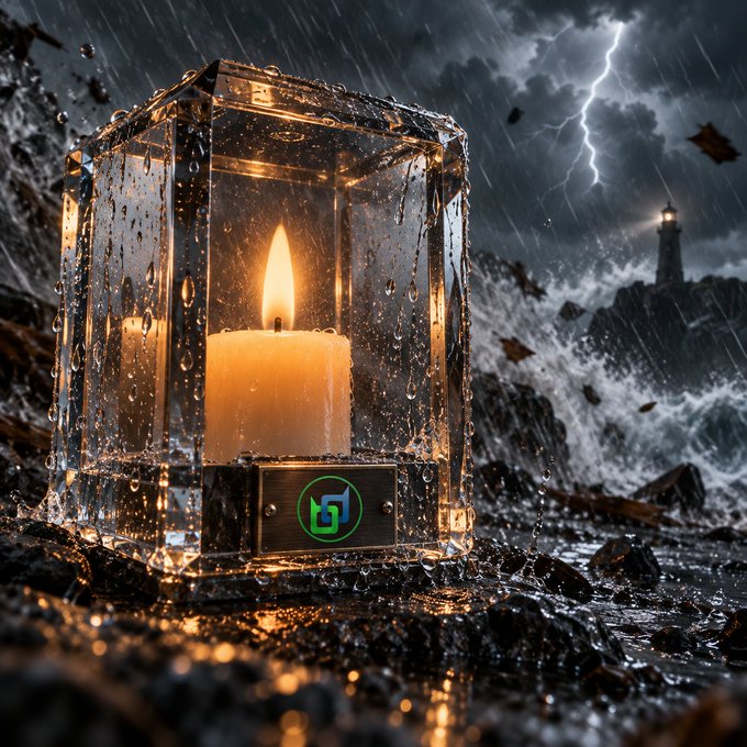 A digital artwork showing a lit candle inside a glass enclosure amidst a stormy seascape with crashing waves, lightning, and a distant lighthouse, featuring an 'H' logo on the base.