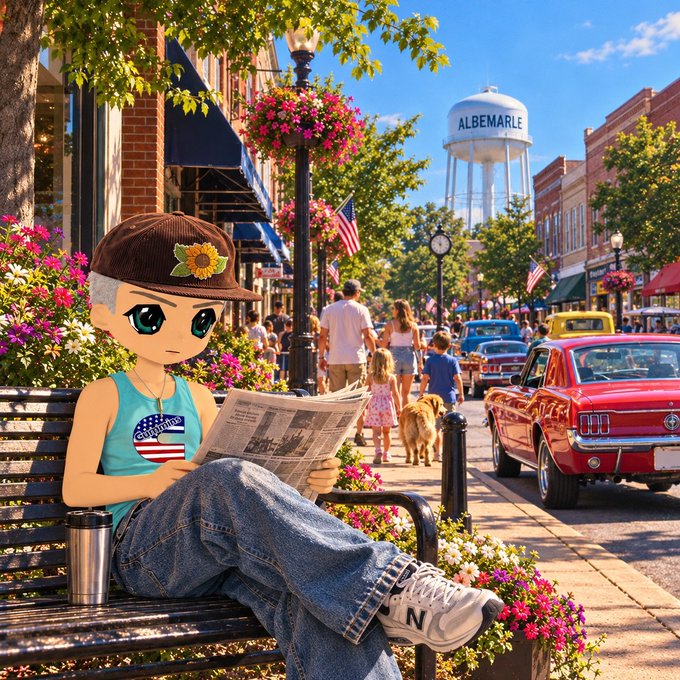 An anime-style character with a sunflower cap, "Goodwill" tank top, and jeans sits on a bench reading a newspaper in a sunny small-town street scene featuring an "ALBEMARLE" water tower, vintage red cars, and flower-filled lamp posts.