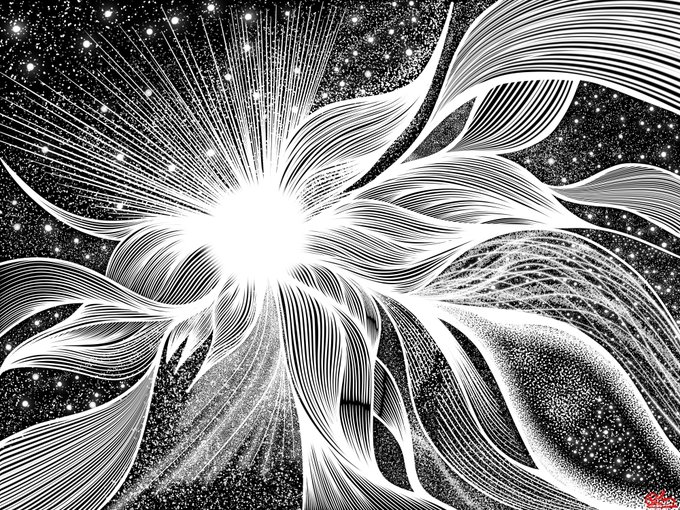 The image features a black and white illustration of a flower with numerous petals, set against a starry background. The artwork is titled "Collected 'Cosmic Bloom in Motion' by @AnnaLZubarev" and has been shared on social media platforms like Twitter and Instagram. The post highlights the artistic style and technique used to create this captivating piece of art.