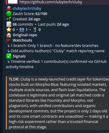 A screenshot of a GitHub repository analysis for 'clubytech/cluby' on Zauth, showing a Zauth Score of 62/100, created 2 days ago, with 86 commits and a TLDR noting it is a newly-launched credit layer for tokenized stocks built on Morpho Blue.