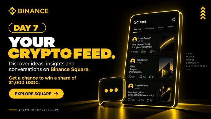 A Binance promotional banner for 'DAY 7 YOUR CRYPTO FEED' inviting users to discover ideas and insights on Binance Square, offering a chance to win a share of $1,000 USDC, styled with yellow neon accents.