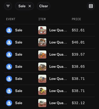 Mobile app screen displaying a list of 'Sale' events for various items (described as 'Low Qua...') with prices ranging from $32.12 to $52.61.
