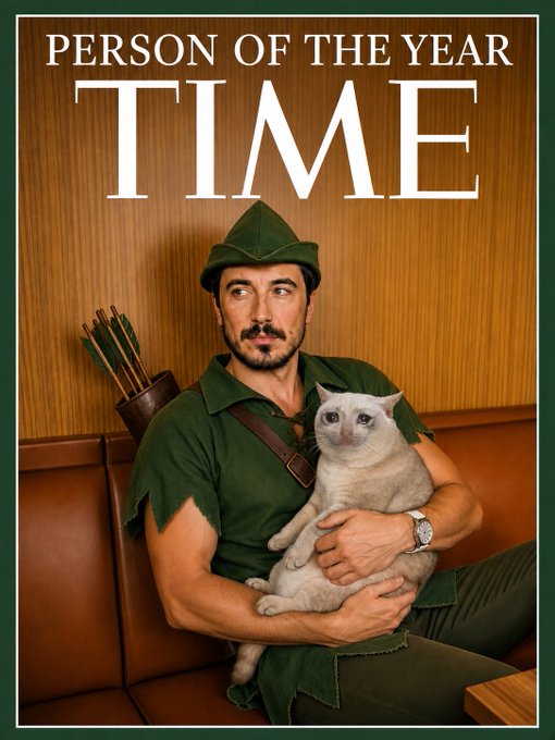 A TIME 'Person of the Year' magazine cover parody featuring a man dressed as Robin Hood holding a cat.