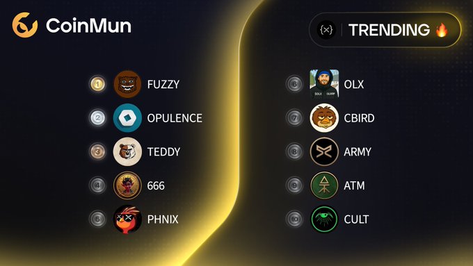 The image displays a list of various icons, including one for a coin named "CoinMun" with the words "Tending", followed by an option box titled "FUZZY", another option box labeled "OPULENCE", and so on. These options range from fuzzy to opulent, indicating different themes or styles associated with the cryptocurrency or trendiness of certain coins. The icons are color-coded and appear in a sequence, suggesting that they are displayed for users to choose among them according to their preferences. There is also an option box at the bottom of the image titled "TENDING", which is likely intended to direct users towards the relevant options based on whether they want to focus on trends or specific coin themes.