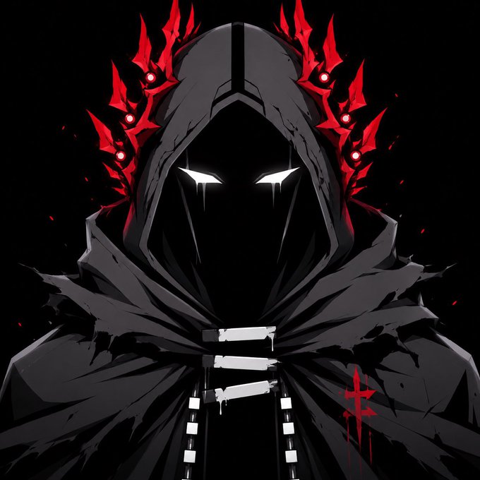 A dark, ominous digital illustration of a hooded figure with glowing white eyes, surrounded by a red crown-like halo with eye motifs, with a small red cross symbol on the cloak.
