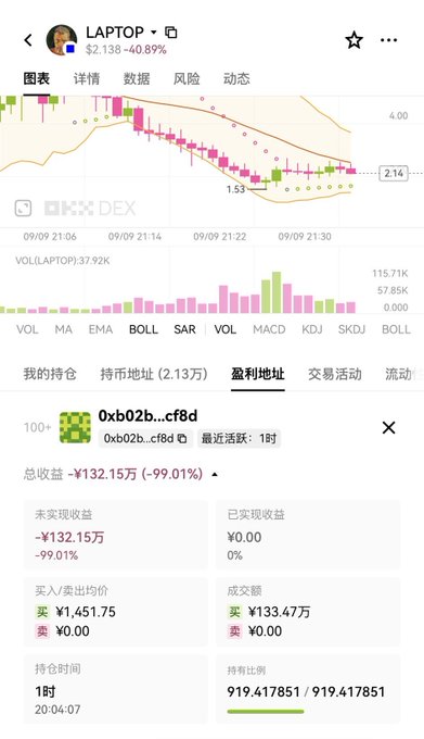 A mobile screenshot displaying a token named 'LAPTOP' priced at $2.138 (+40.89%) on a DEX chart, showing a trading address '0xb02b..cf8d' with a total P&L of -¥132.15万 (-99.01%).