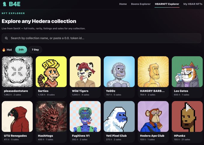 B4E NFT Explorer webpage displaying various Hedera NFT collections including 'pleasedontstare', 'Sartles', 'Wild Tigers', and 'YeDDz'.