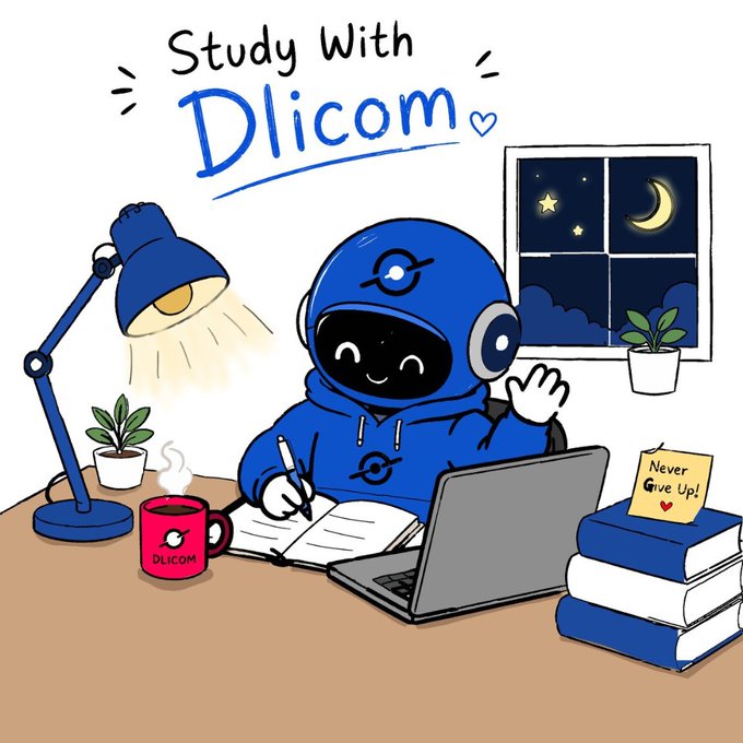 The image features an illustration of a robot wearing a blue jacket sitting at a desk with a laptop computer open in front of them. The robot appears to be writing or working on something, possibly a book. There are several books scattered around the desk, indicating that the robot might be engaged in some form of creative work or study session. The image also includes text elements such as "Study With Dlicom" and "Never give up!", which could be related to the concept of studying with the help of the Dlicom platform.