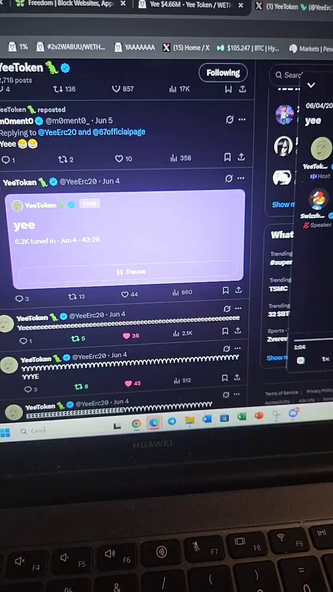 The image shows a laptop screen displaying a social media app with various posts, including one that reads "Eth last hope btw". This post seems to be about a charity event or fundraiser for a cause. The laptop's keyboard can be seen on the bottom right corner of the screen.