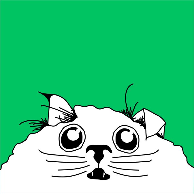 A simple black and white line drawing of a cat's face peering up from the bottom against a bright green background.