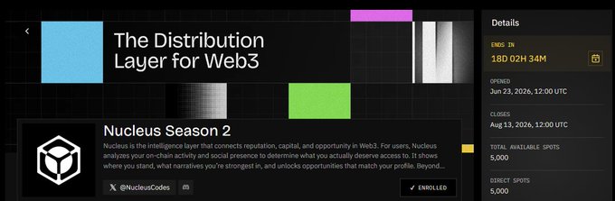 The image shows a dashboard for "Nucleus Season 2," described as "The Distribution Layer for Web3," with details including an ending time of 180D 02H 34M, an opening date of Jun 23, 2026, a closure date of Aug 13, 2026, and 5,000 total available spots. This aligns with the post's theme of community quality versus size, as Nucleus appears to focus on analyzing reputation, capital, and opportunity in Web3 to unlock meaningful access for engaged contributors rather than simply rewarding large numbers of participants.