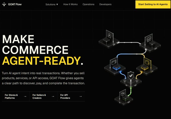 The GOAT Flow website homepage featuring the headline "MAKE COMMERCE AGENT-READY" with a diagram showing AI agent transaction flows between connected devices.