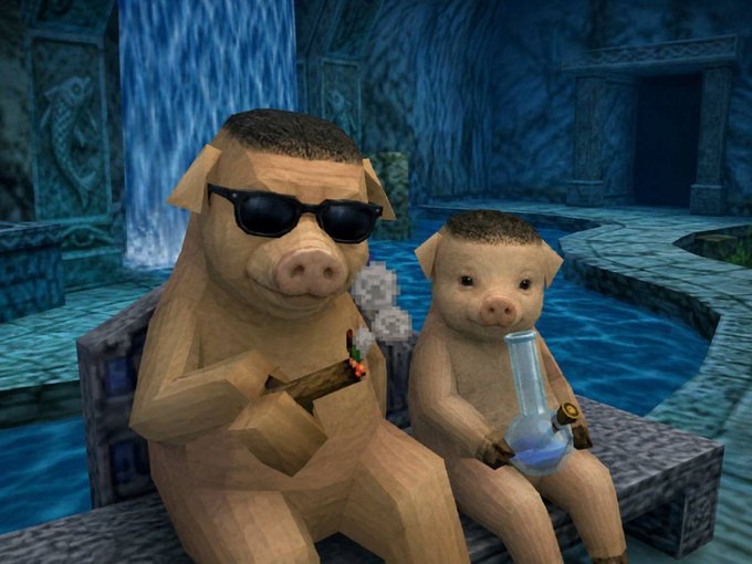 A 3D rendering of two polygonal pigs sitting on a stone bench; one wears sunglasses and smokes a cigar, while the other holds a glass bong, set against a blue, cavernous background.