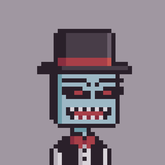 A pixel art character with blue skin, glowing red eyes, a wide menacing grin, and a black top hat with a red band, dressed in a tuxedo-style outfit, displayed against a gray background—evoking a quirky, mischievous mascot fitting the playful crypto giveaway vibe of the @0xjeeters_ contest.