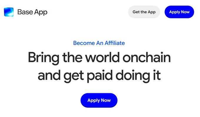 The image shows a website called "base.app" with a white background and blue text that says "Base App". The website also has a button labeled "Apply Now", which invites users to apply for an affiliate program. The main content of the image is focused on promoting the base app, as it offers an opportunity for affiliates to earn money by driving users towards the app.