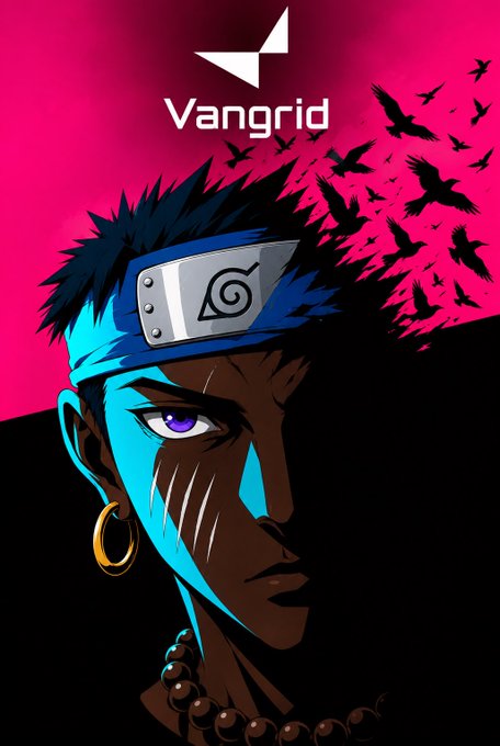 A stylized anime illustration of a character with spiky black hair, blue face paint, a Konoha ninja forehead protector, and a gold hoop earring, with the logo 'Vangrid' and crows in a pink background.