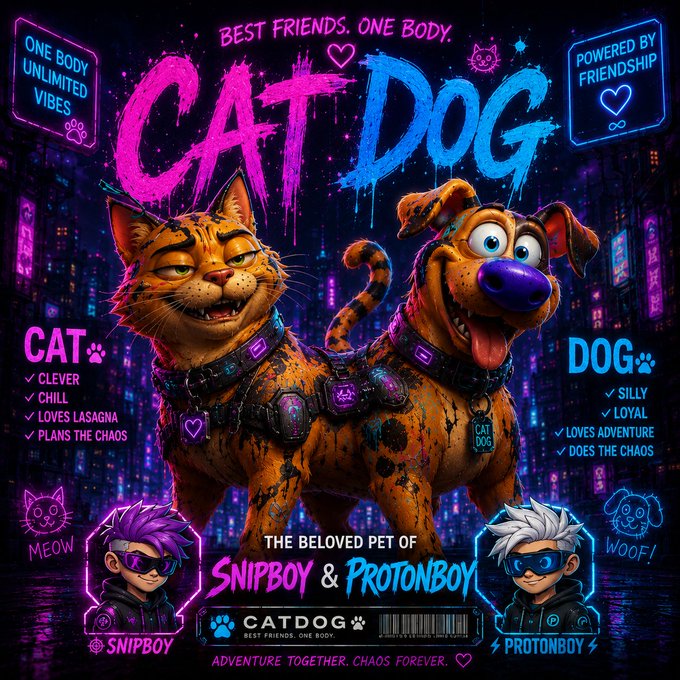 The image features a poster for "Cat Dog" featuring two cartoon cats, one orange and one black, standing next to each other with their tongues out as if they are panting or licking themselves. The poster also includes text about the movie's characters Snipboy and Protonboy, who are portrayed by two cartoon dogs. The poster is set against a dark background with neon lights, creating an energetic and vibrant atmosphere that matches the theme of the movie.