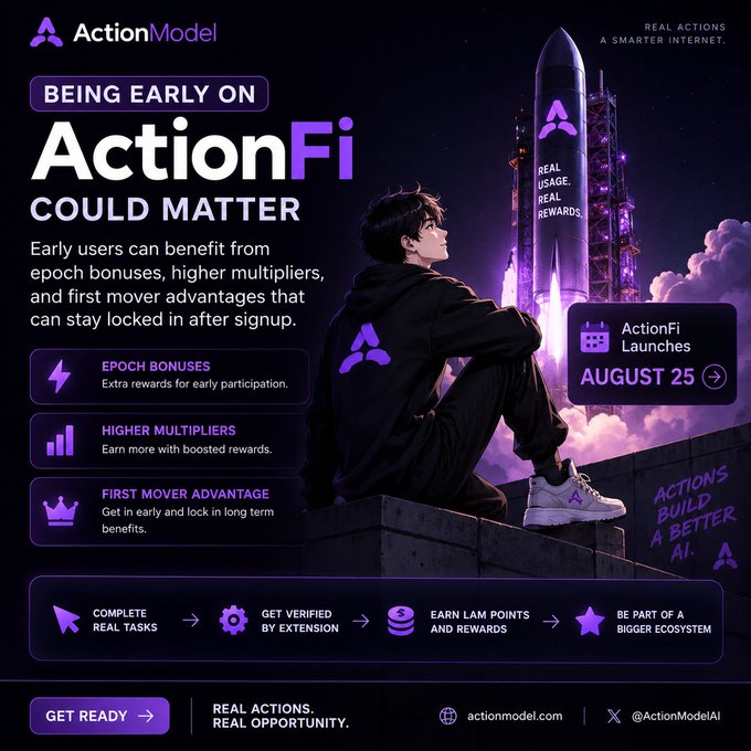 An anime-style promotional banner for 'ActionModel' / 'ActionFi' showing a young man watching a purple rocket launch, highlighting epoch bonuses, higher multipliers, and first mover advantages ahead of the August 25 launch.