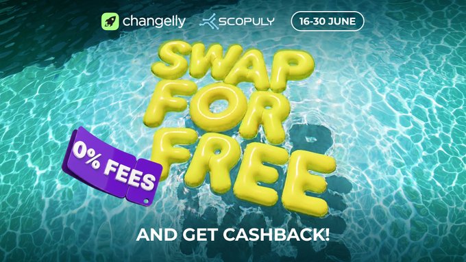 The image shows an advertisement for a cryptocurrency exchange, specifically targeting those interested in trading cryptocurrencies such as Bitcoin or Ethereum. The main visual element of the advertisement is a blue water pool with floating objects in yellow letters that spell out "changelly" and "swapforfree". This represents the terms and conditions of using the exchange service. The text in the image also provides additional information, including the details about the offer at 0% fees for cryptocurrency trading and the possibility to get cashback up to 100% in Scopuly Wallet.