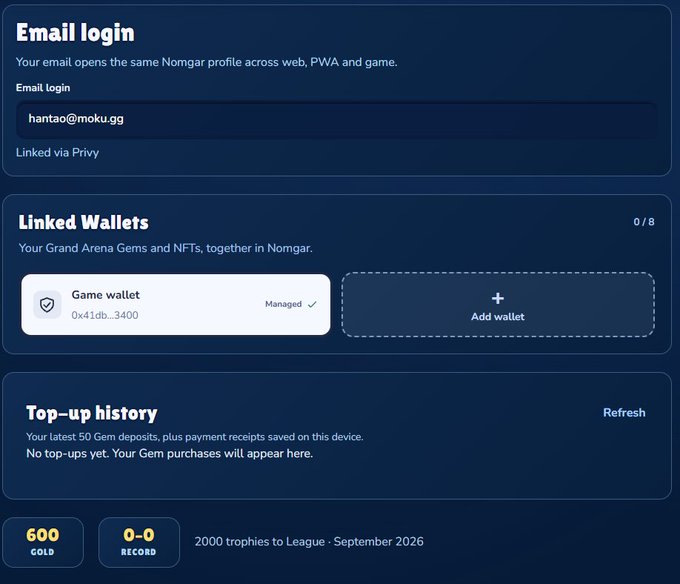 A screenshot of a Nomgar profile dashboard displays an "Email login" section with "hantao@moku.gg" linked via Privy, a "Linked Wallets" section (0/8) showing a managed Game wallet (0x41db…3400) and an "Add wallet" option, a "Top-up history" section with no recent deposits, and bottom metrics showing "600 GOLD" and a "0-0 RECORD" with "2000 trophies to League · September 2026." The image appears unrelated to the accompanying post about the $SCHIFFY utility token, as it shows a generic gaming account interface rather than any specific token-related data.
