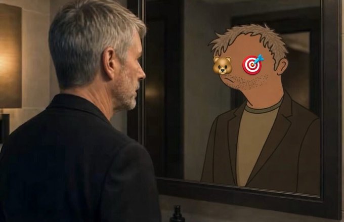 A man with grey hair looking into a bathroom mirror, where his reflection has been digitally altered into a cartoon style featuring a teddy bear and target emoji for eyes.
