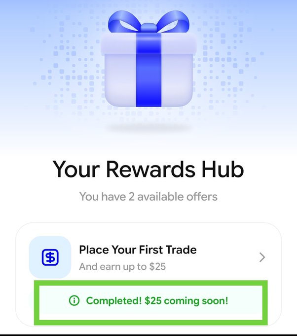 A mobile app screenshot titled 'Your Rewards Hub' displays a gift box icon and the message 'You have 2 available offers', with a completed offer showing 'Completed! $25 coming soon!' highlighted in a green box.